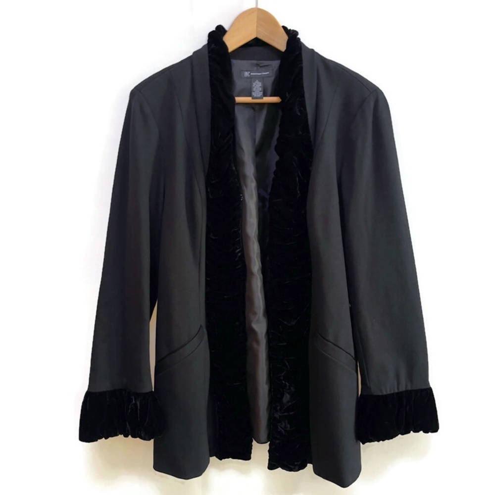 INC Formal Velvet Ruffle Trimmed Black Tuxedo Blazer, Women's Size Large